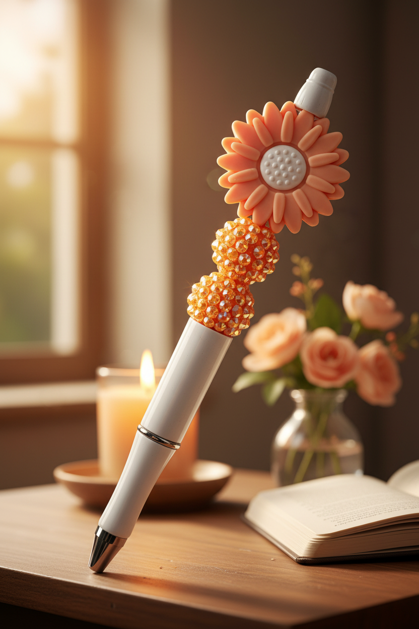 Peach flower beaded pen in warm cozy home setting
