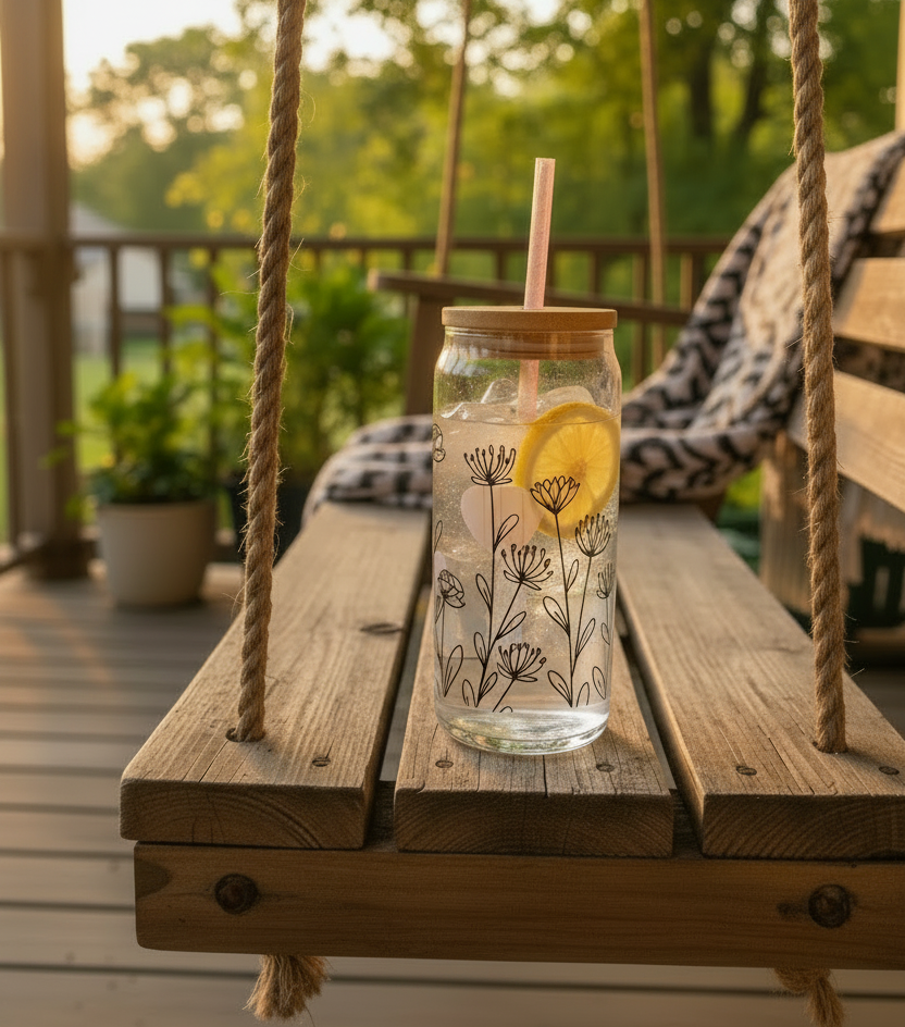 20oz Floral Tumbler with ice water and lemon slice on rustic porch swing