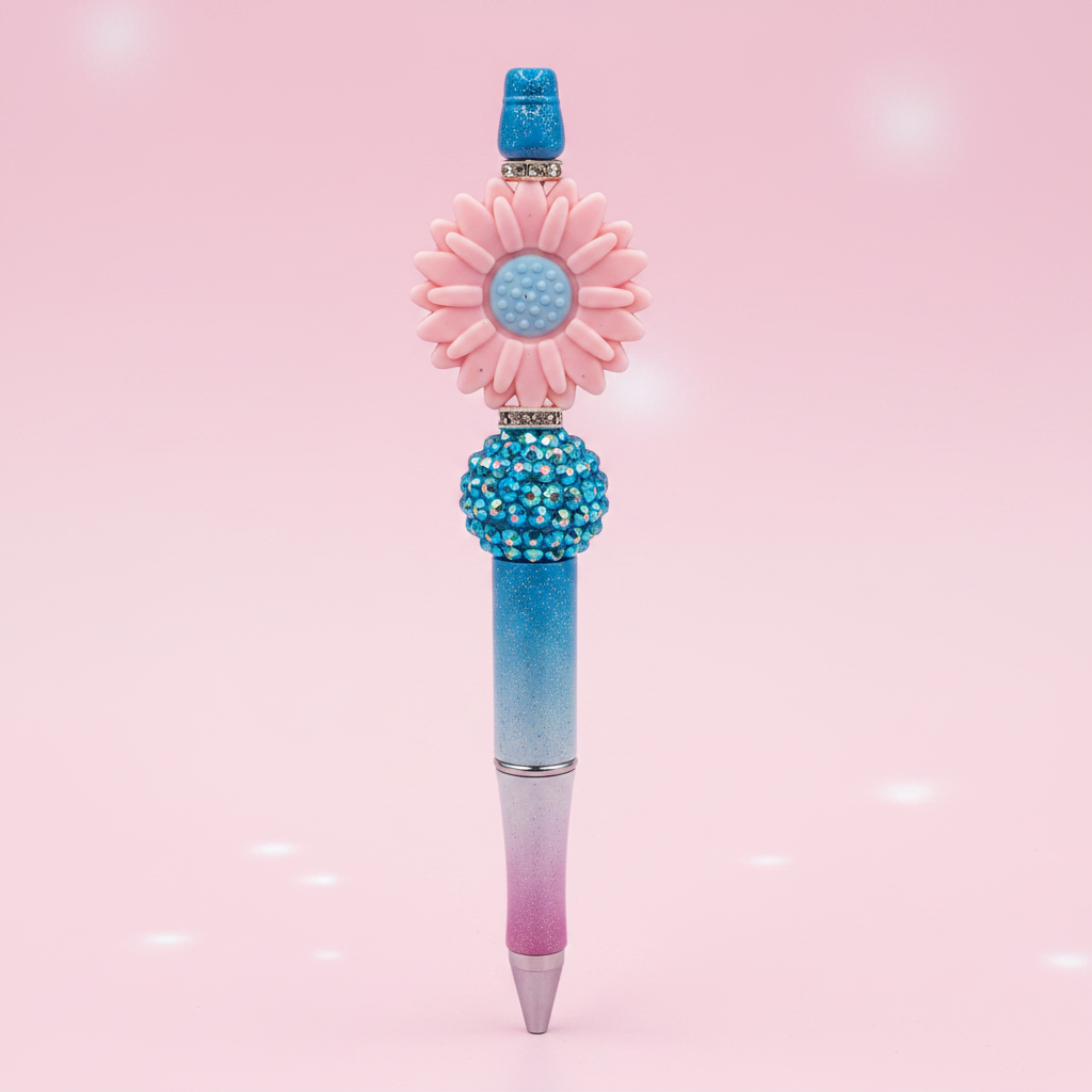 Pink flower beaded pen clean product shot on white background