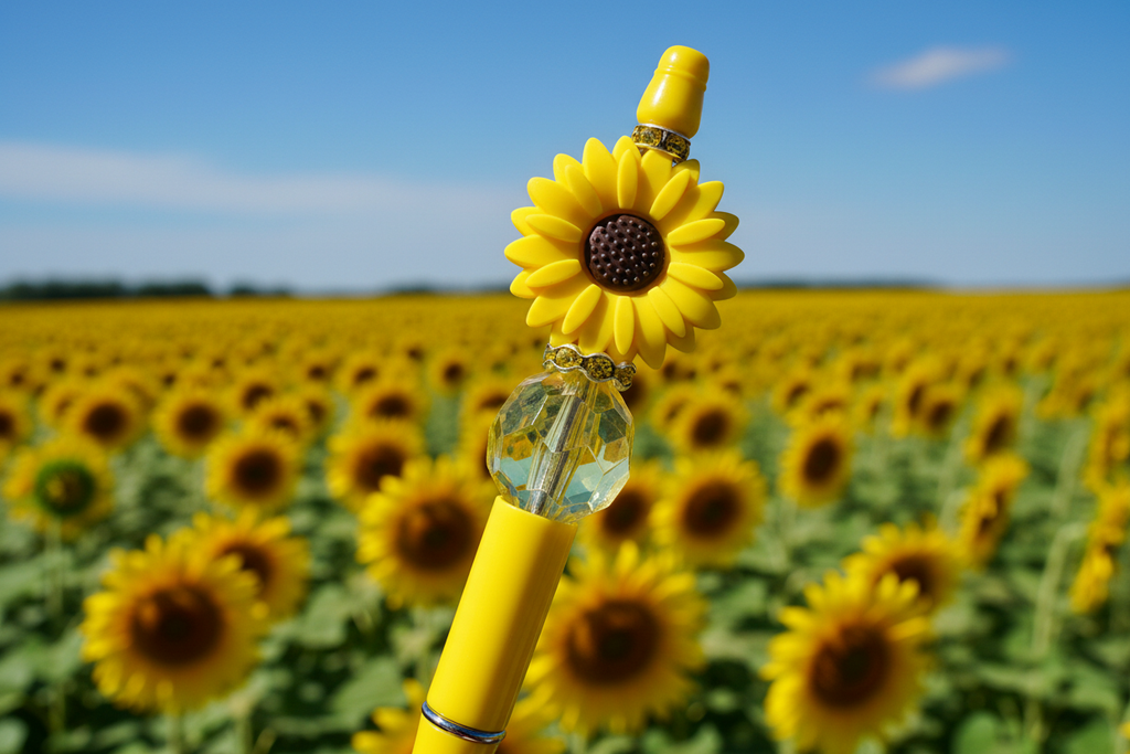 Yellow flower beaded pen in a stunning sunflower farm field setting