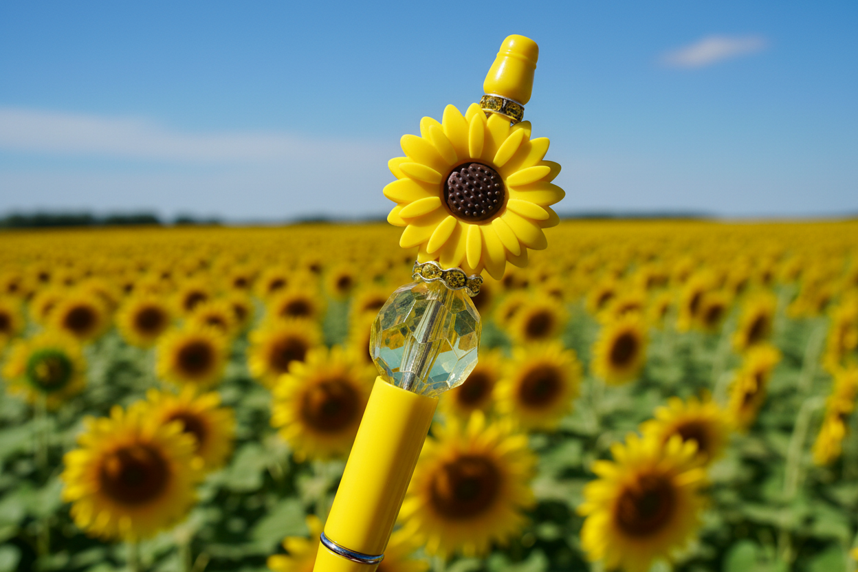Yellow flower beaded pen in a stunning sunflower farm field setting