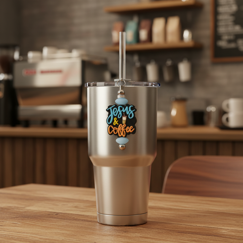 Jesus and Coffee beaded straw charm on a stainless steel tumbler in a warm cozy coffee house setting