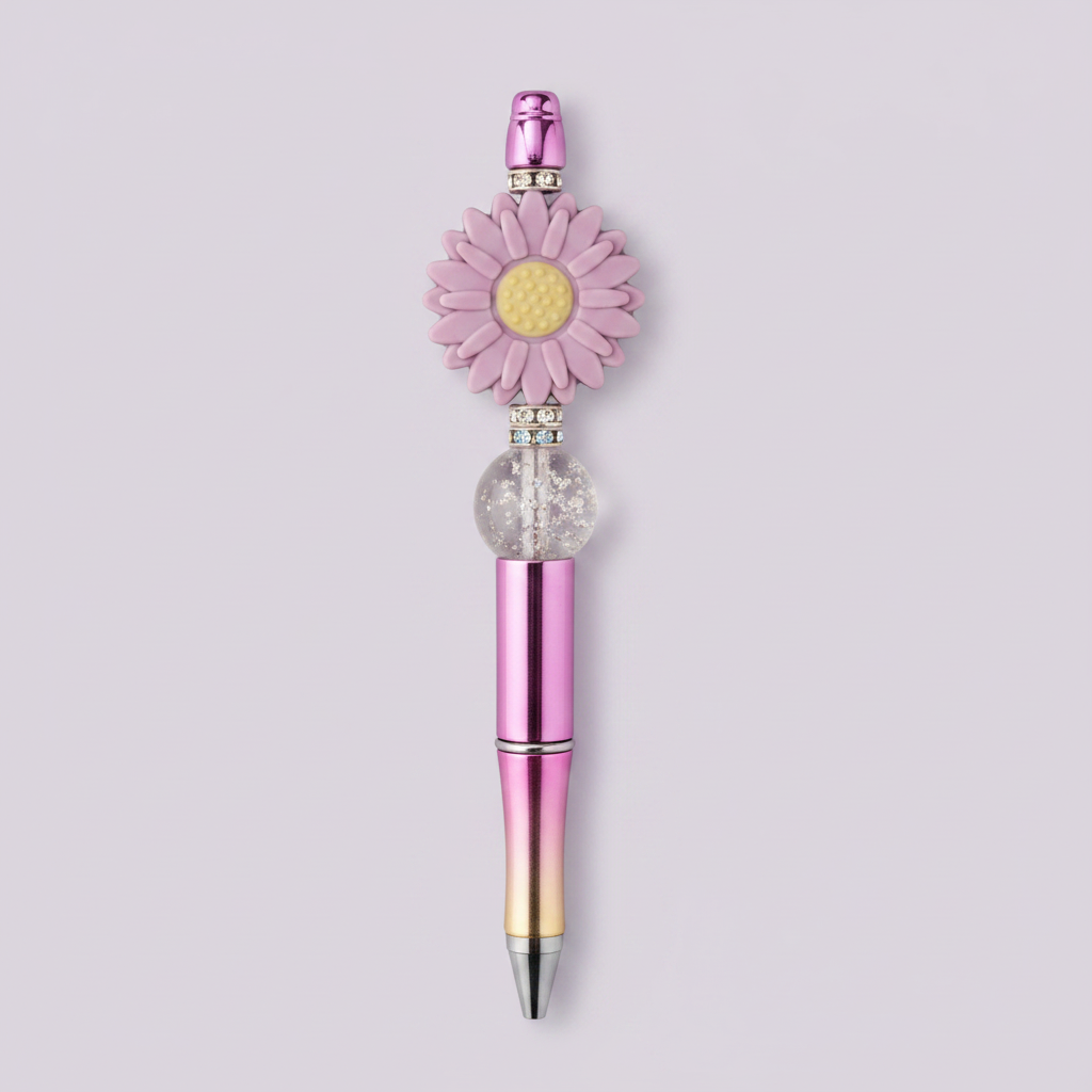 Purple flower beaded pen with gradient pink barrel clean product shot