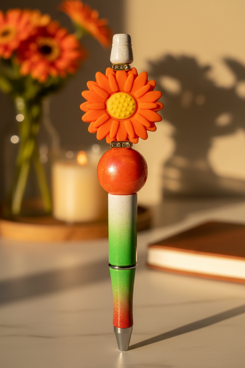 Orange flower beaded pen in warm vibrant home setting
