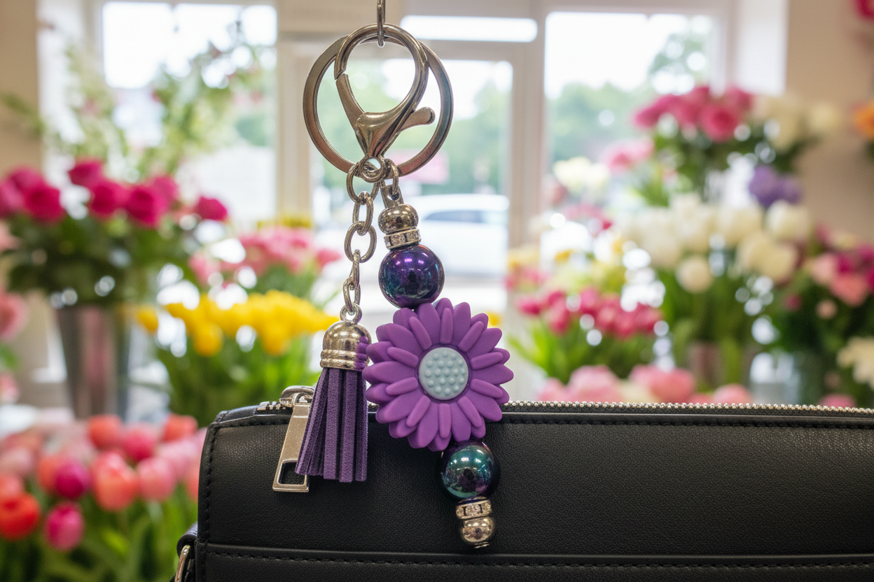 Purple sunflower beaded keychain charm clipped onto a purse in a flower shop