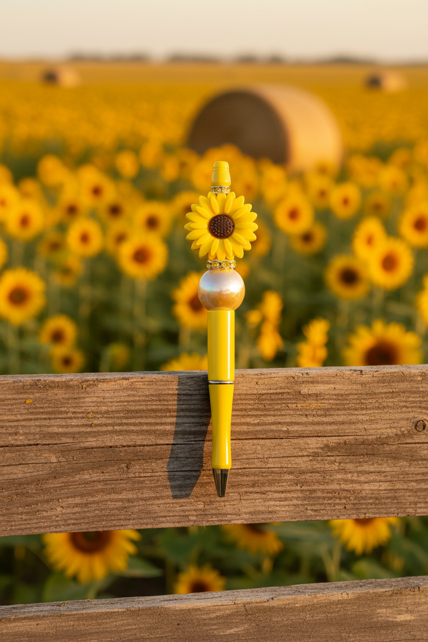 Yellow sunflower pearl beaded pen in a rustic farm setting