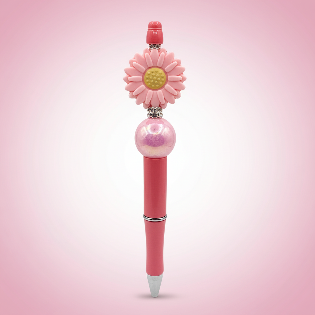 Pink flower beaded pen clean product shot on white background