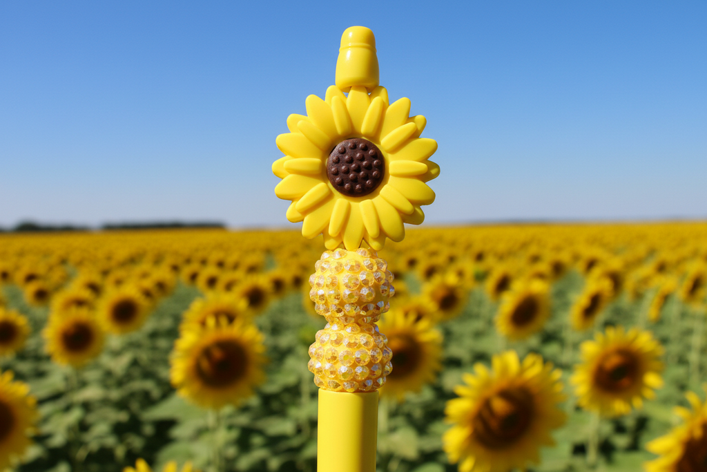 Yellow flower beaded pen in a stunning sunflower farm field setting