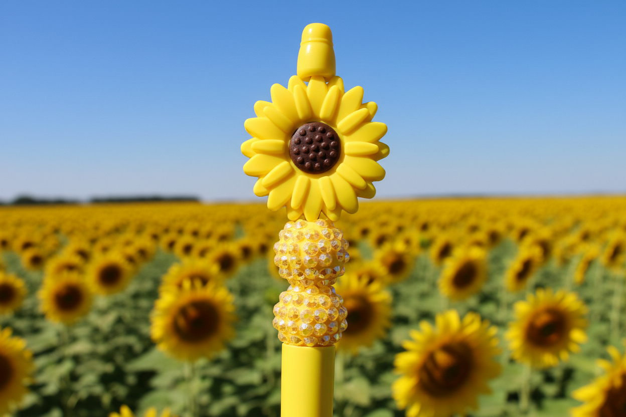 Yellow flower beaded pen in a stunning sunflower farm field setting