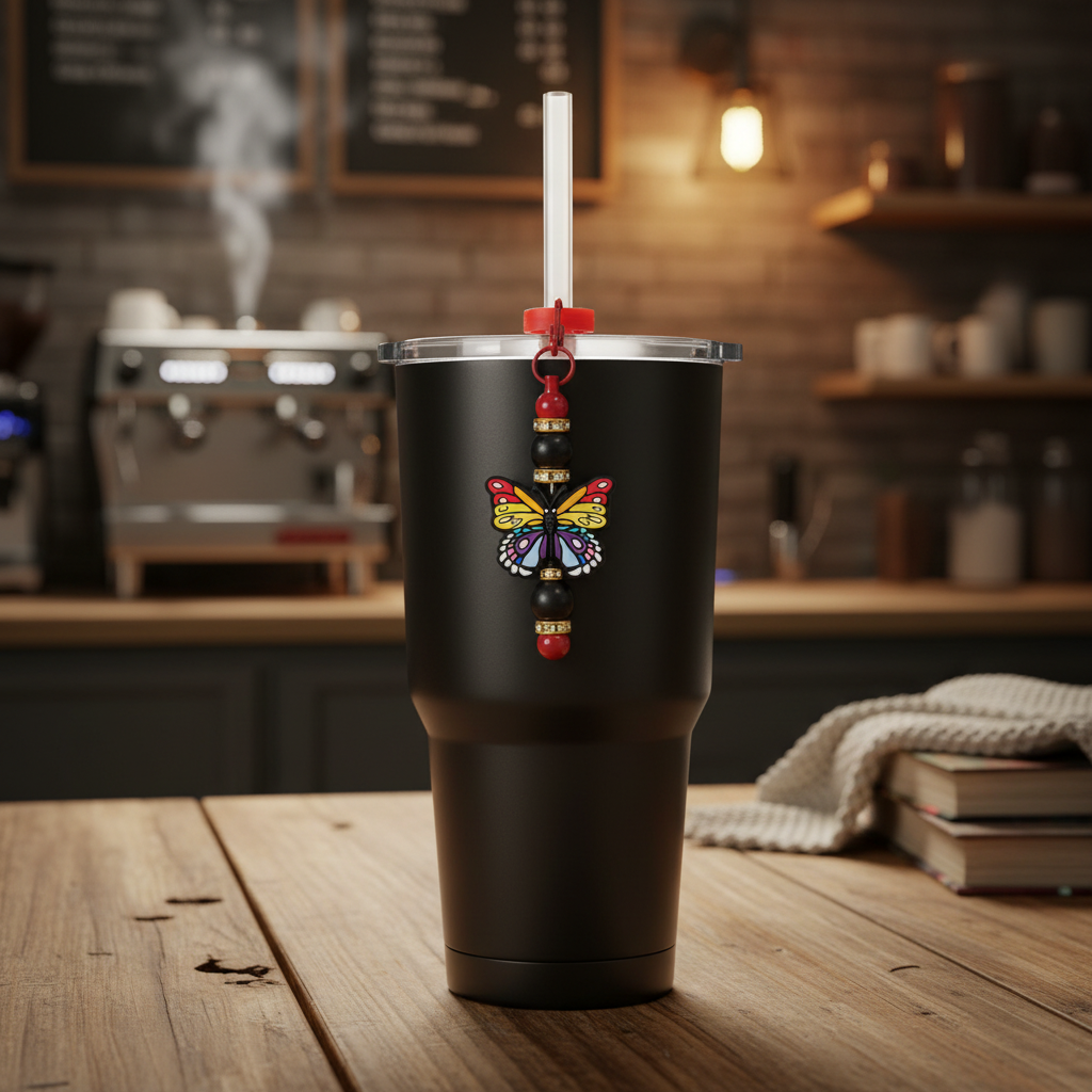 Vibrant multi-colored butterfly beaded straw charm on a sleek matte black steel tumbler in a warm cozy coffee house setting
