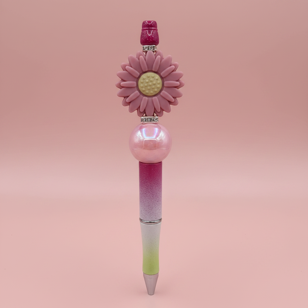 Mauve flower beaded pen clean product shot on white background