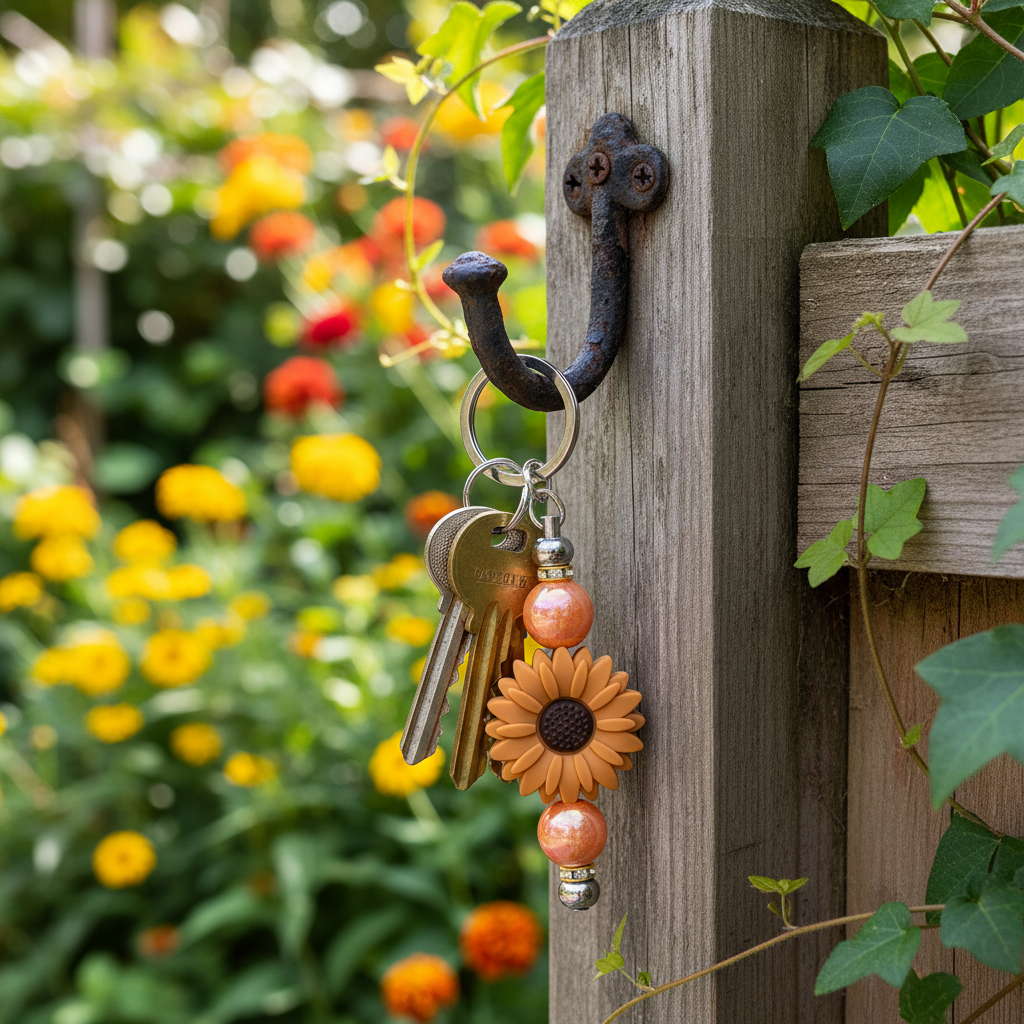 Terracotta sunflower beaded keychain charm with golden-brown tassel hanging on a garden hook with blooming flowers and lush greenery in the background