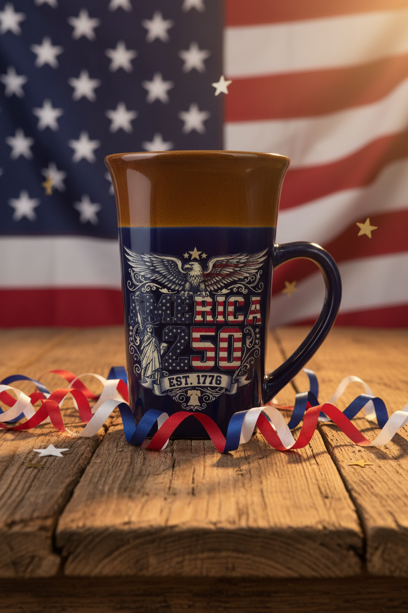 250th Anniversary 16oz Mug with patriotic rustic background