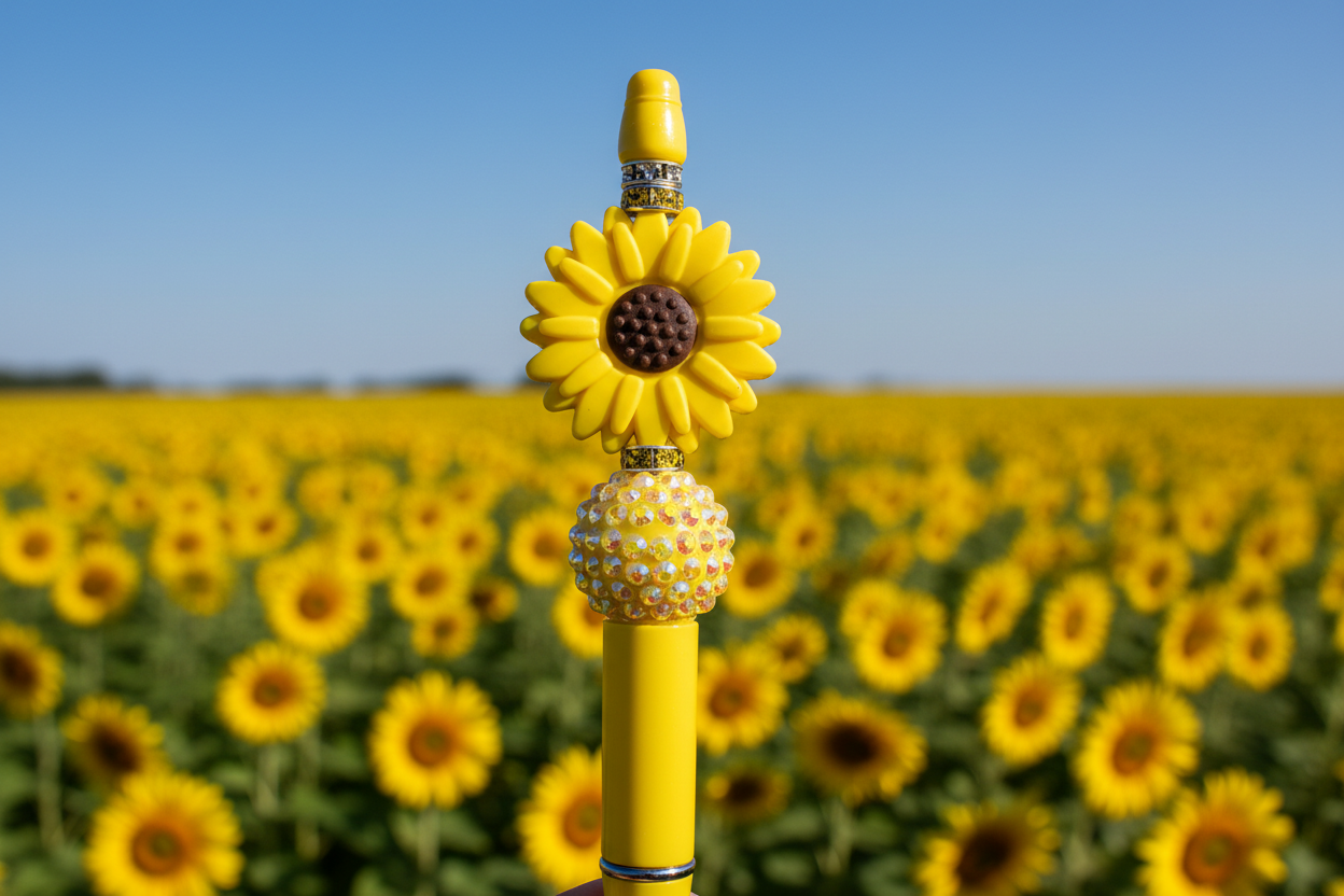 Yellow sunflower beaded pen in a stunning sunflower farm field setting