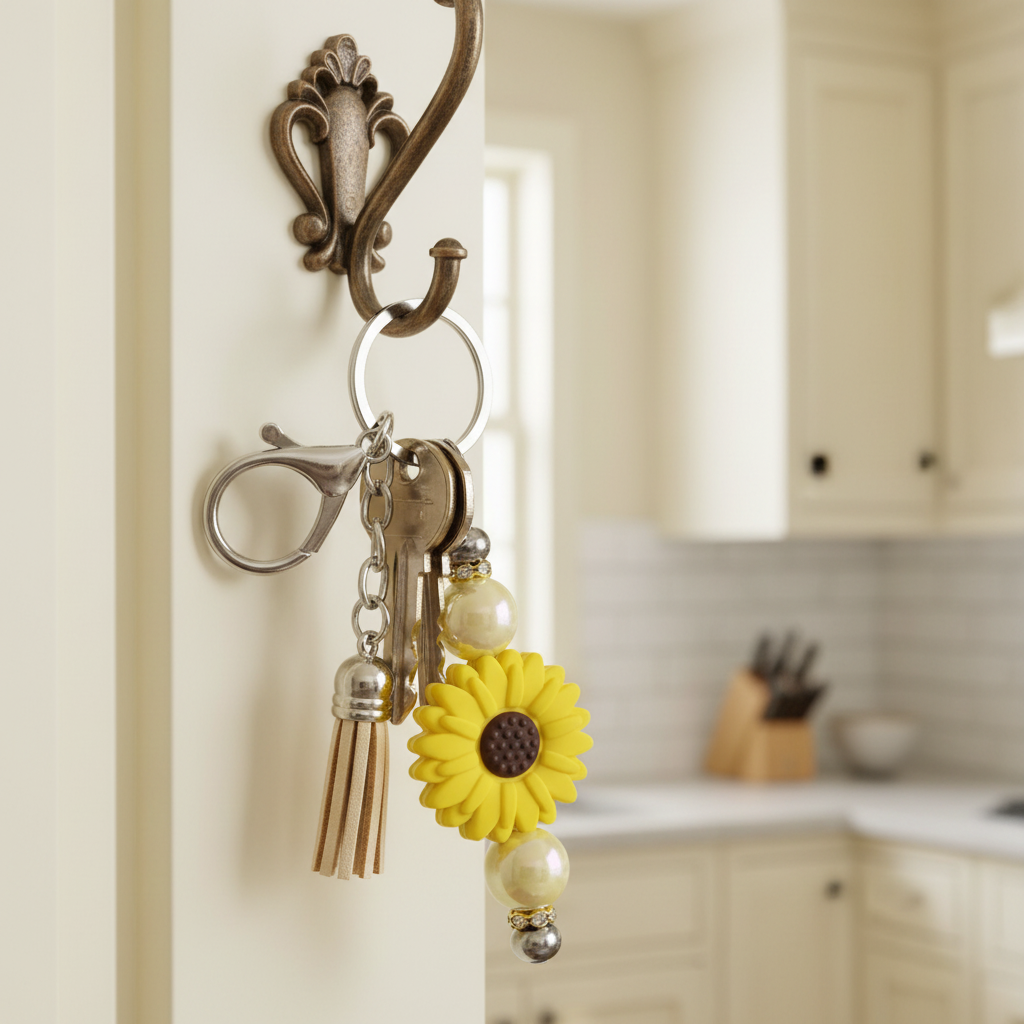 Yellow sunflower beaded keychain charm with pearl beads and tan tassel hanging on a decorative hook in a warm bright kitchen
