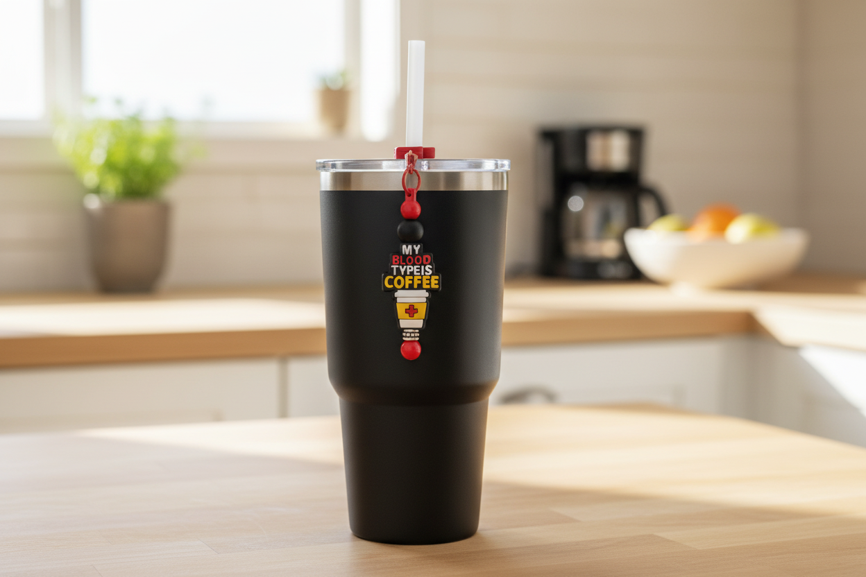 Beaded Straw Charm My Blood Type Is Coffee on black tumbler