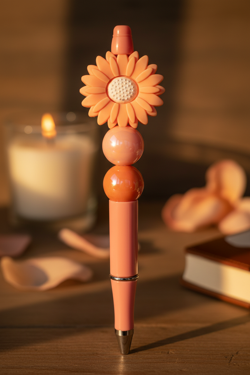 Peach flower beaded pen in warm cozy home setting