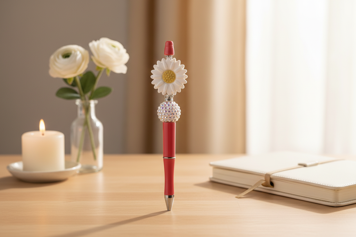 White flower beaded pen in a cozy elegant home setting