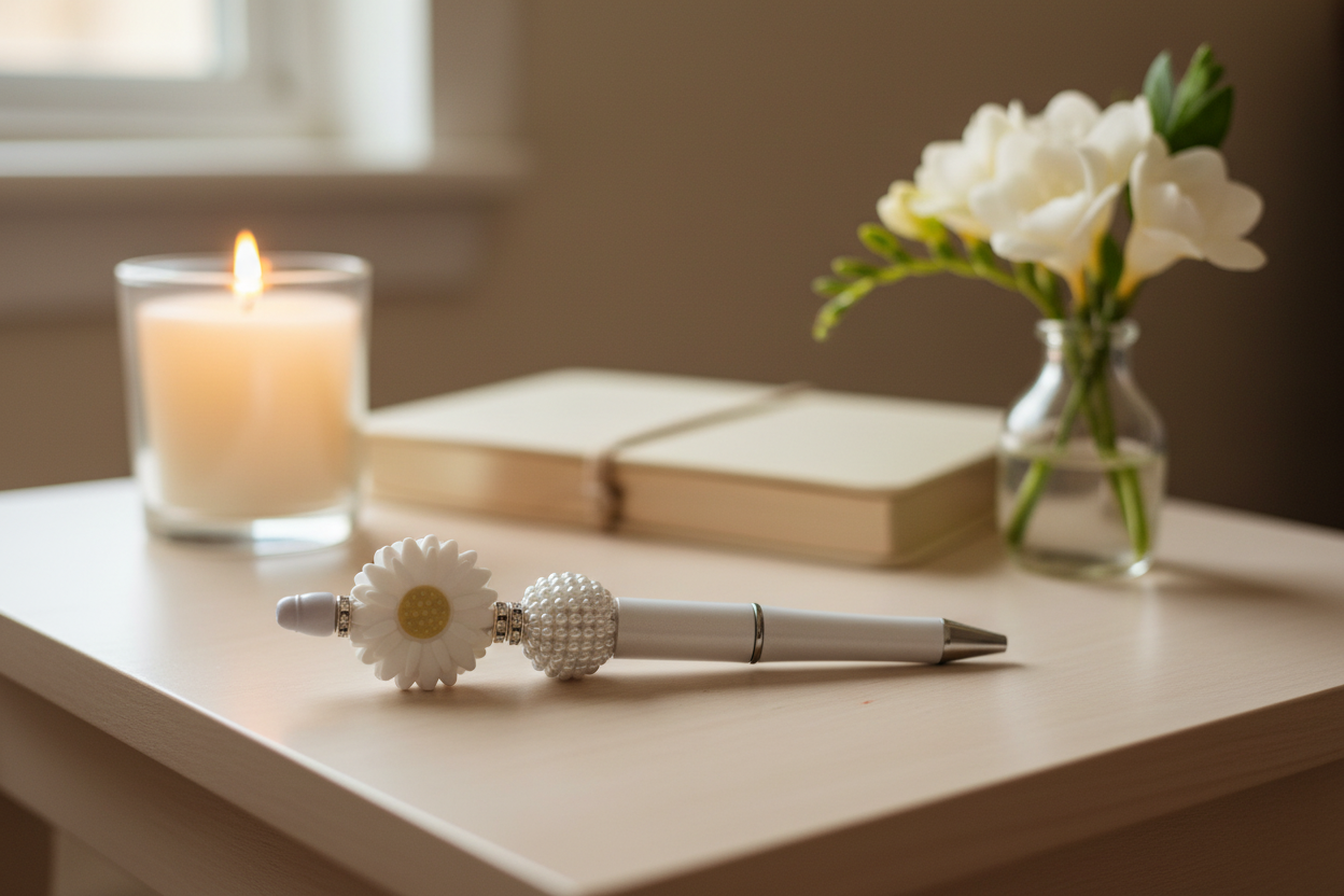 White flower beaded pen in a cozy elegant home setting