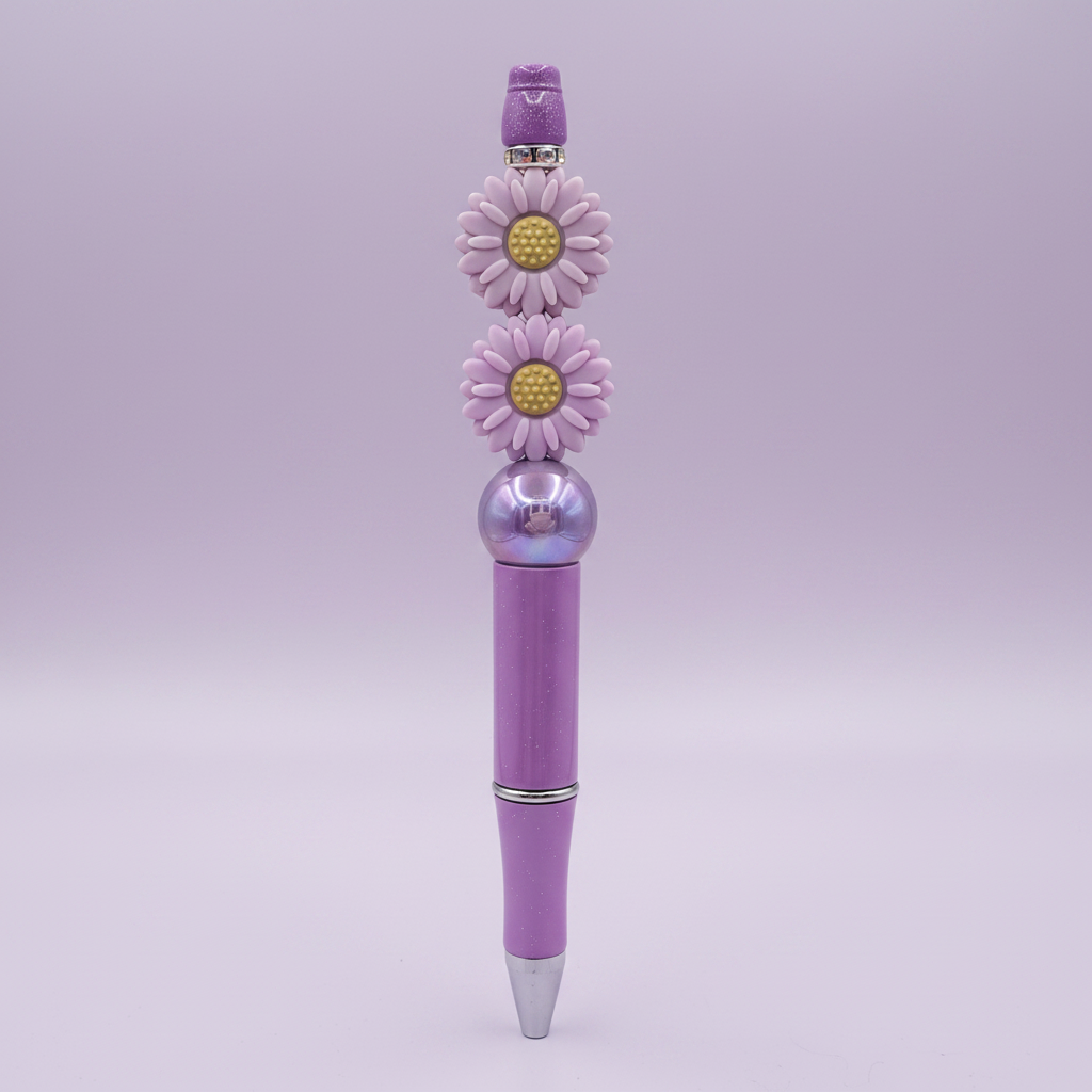 Purple flower beaded pen clean product shot on white background