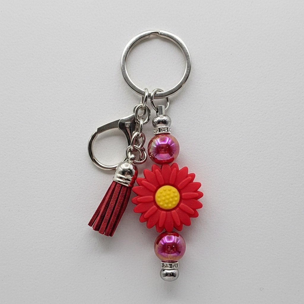 Red sunflower beaded keychain charm clean product shot on white background