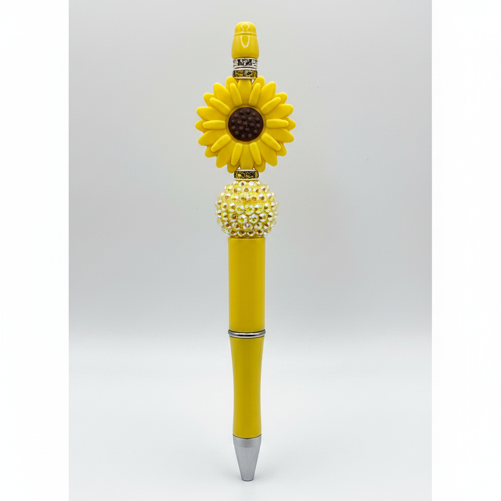 Yellow flower beaded pen clean product shot on white background