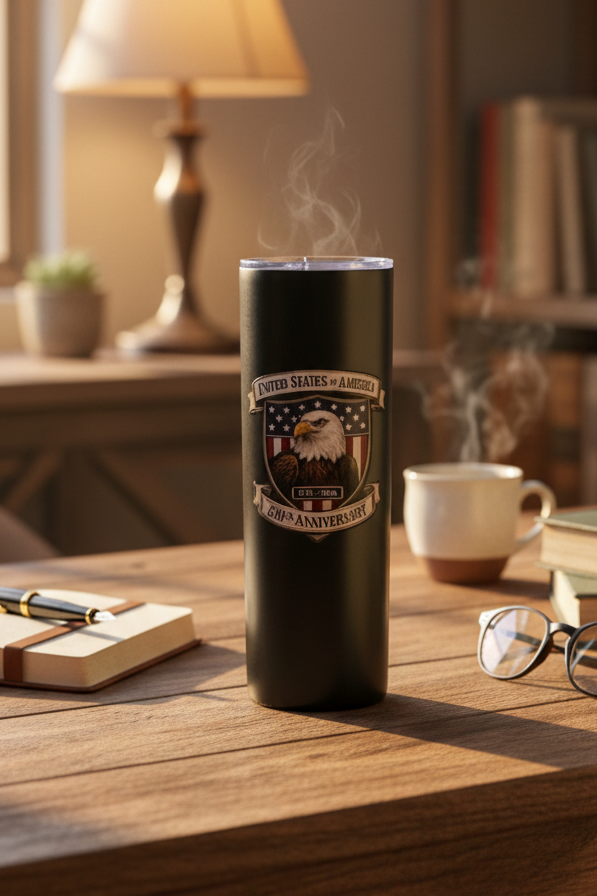 250th Anniversary Stainless Steel Tumbler on rustic office desk