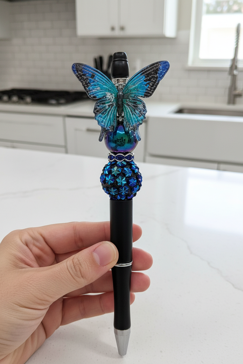 Teal and black butterfly beaded pen as focal point in a clean bright kitchen setting