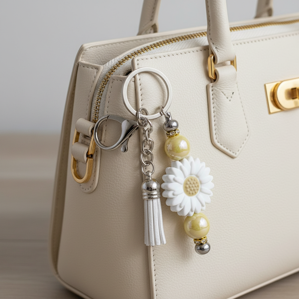 White sunflower beaded keychain charm with white tassel and iridescent yellow beads used as a zipper pull on a stylish neutral-toned purse