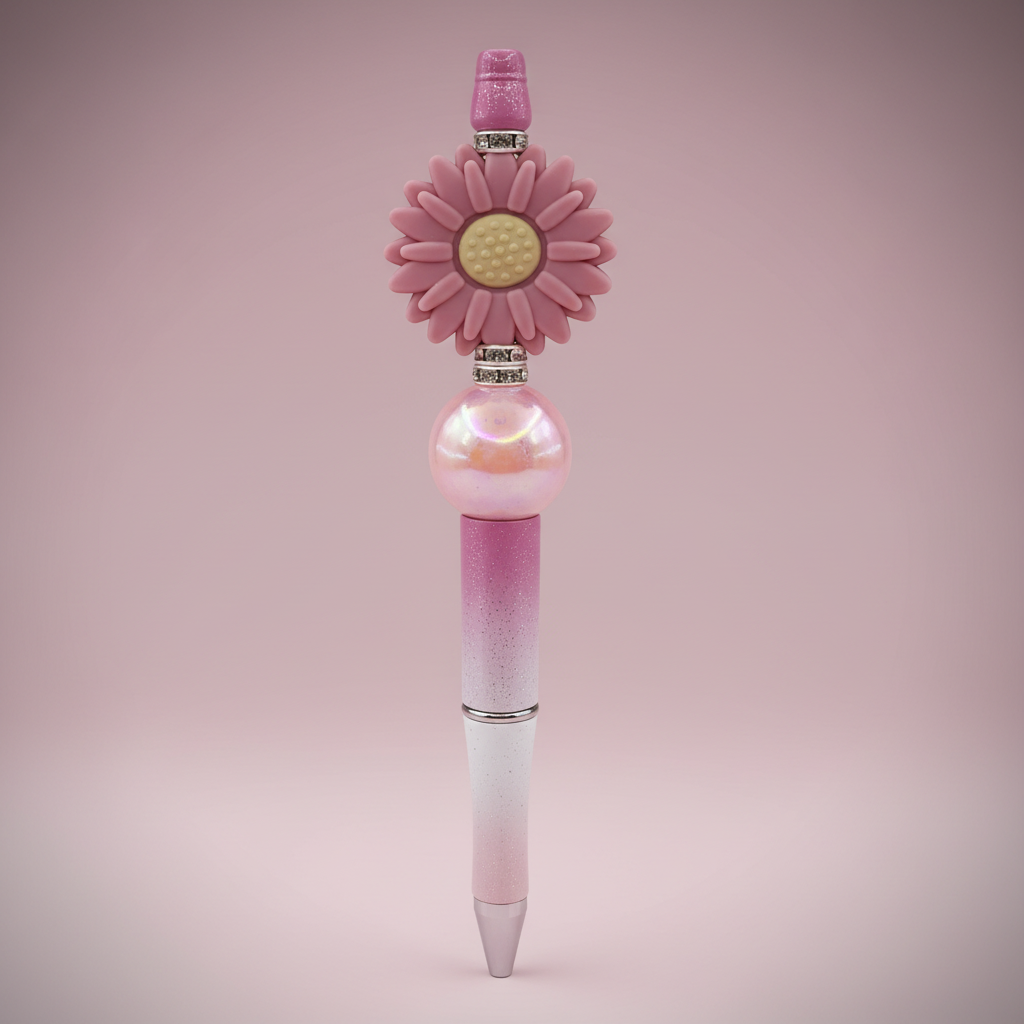 Mauve flower beaded pen clean product shot on white background