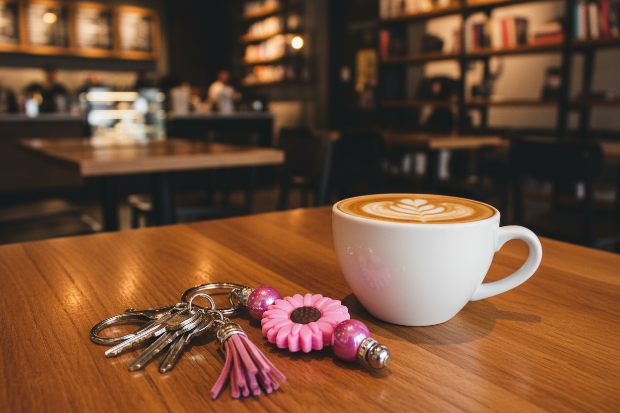 Pink sunflower beaded keychain charm with keys in a cozy coffee shop setting