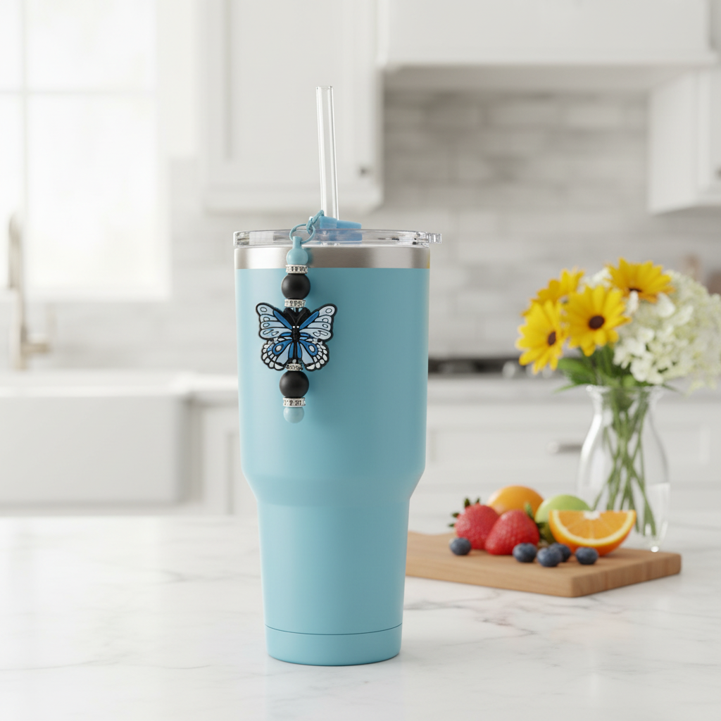 Blue and black butterfly beaded straw charm on a sky blue steel tumbler in a bright cheerful kitchen with natural morning light