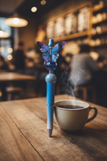 Butterfly beaded pen in a cozy coffee shop setting
