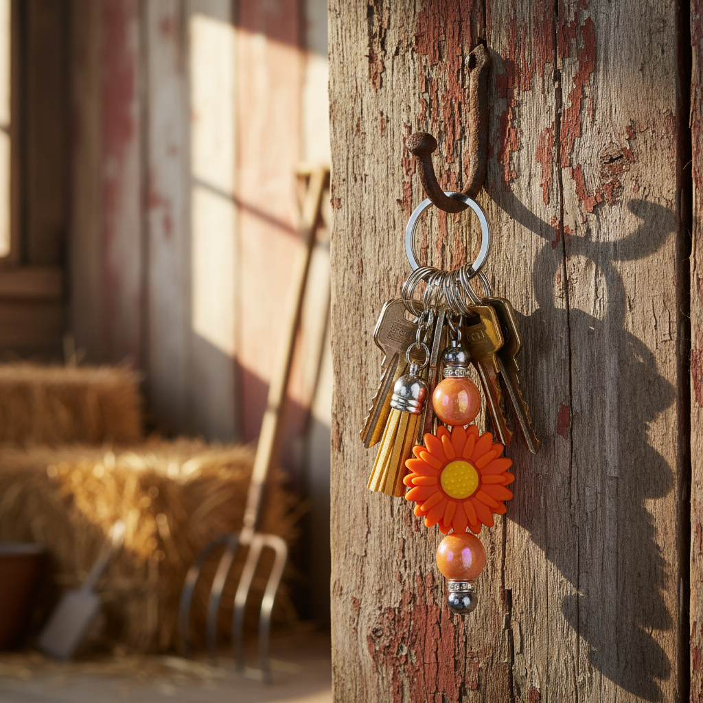 Orange sunflower beaded keychain charm with goldenrod tassel hanging on a rustic hook on a weathered wooden barn wall with warm golden light