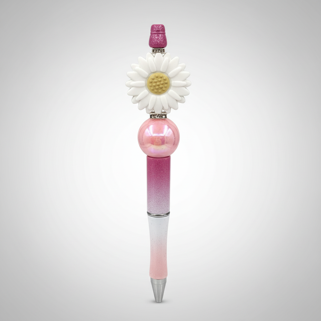 White flower beaded pen clean product shot on white background