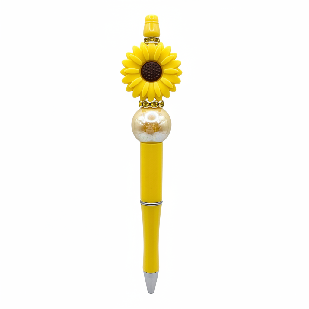 Yellow flower beaded pen clean product shot on white background