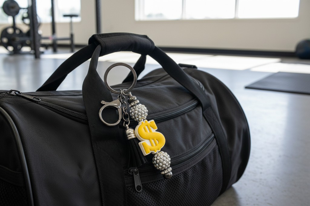 Money Sign Keychain looped around gym bag handle