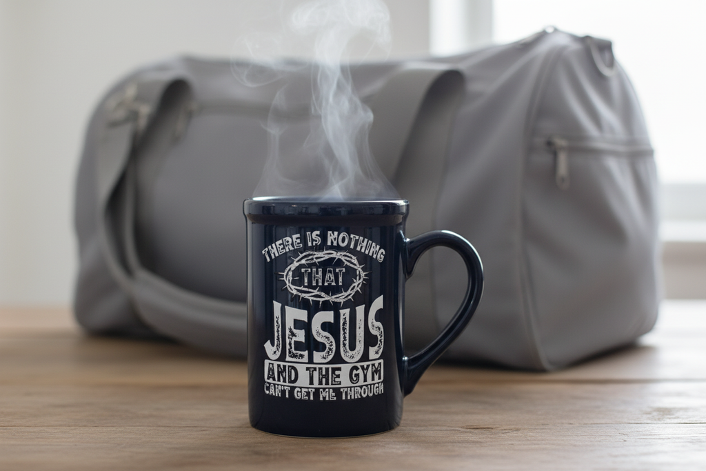 Mug as Focal Point with Light Gray Gym Bag