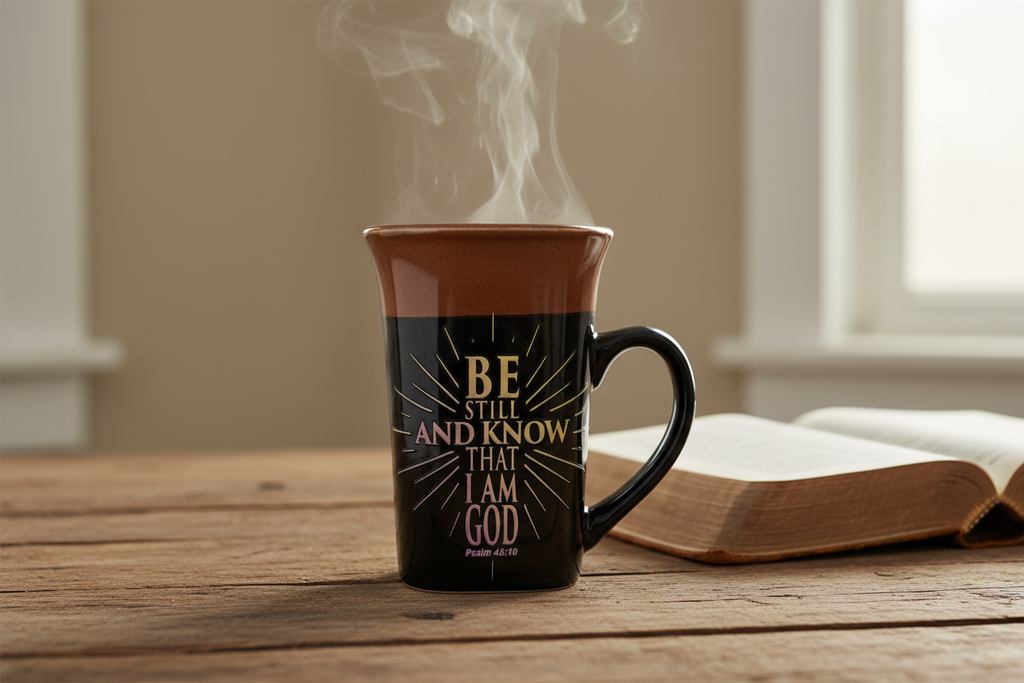 Mug on Rustic Farm Table with Bible