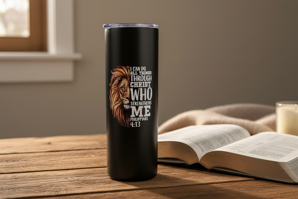 Philippians 4:13 Tumbler on Rustic Table with Bible