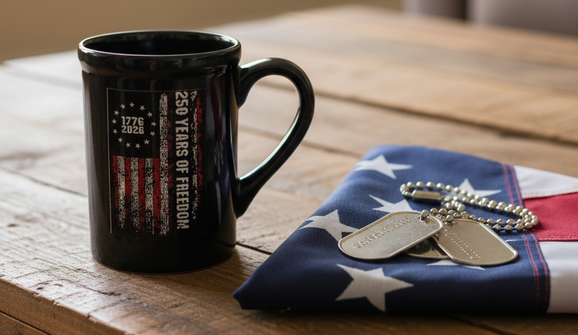 Product 9 - Rustic Coffee Table with Folded Flag and Dog Tags