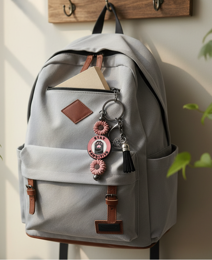 Stay Pawsitive Keychain on Light Gray Backpack