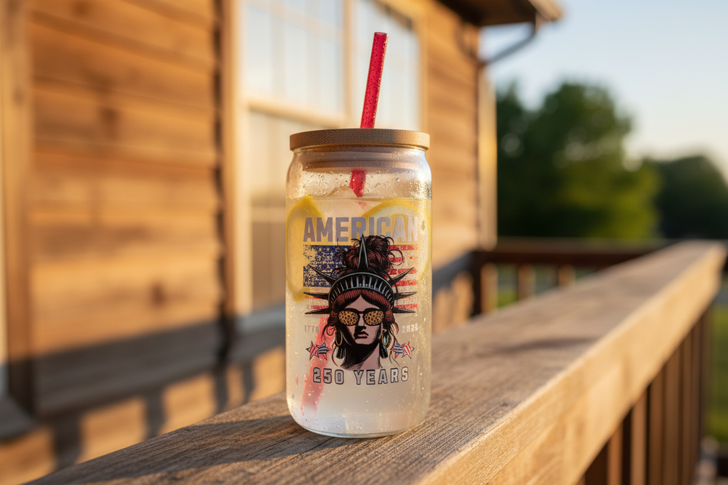 Tumbler as focal point on rustic farmhouse back porch