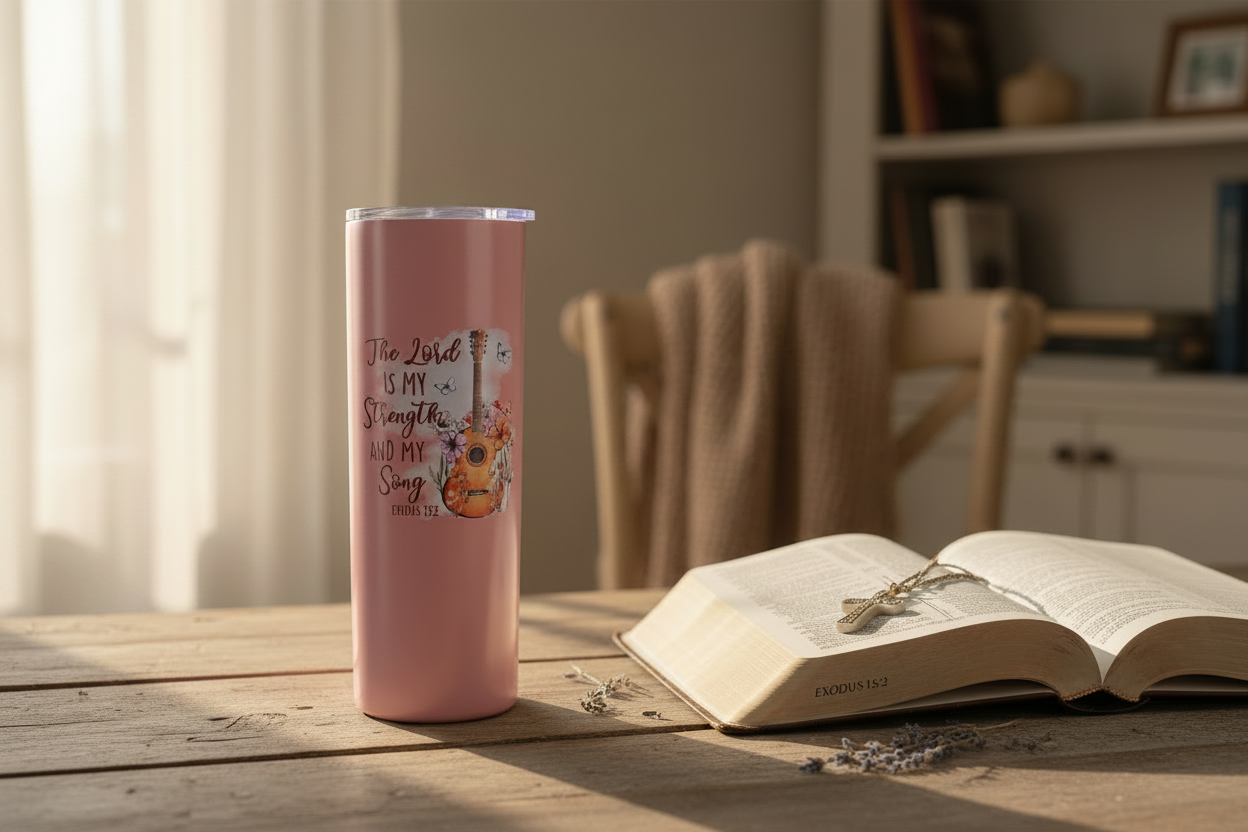 Tumbler on Farmhouse Table with Bible, No Straw