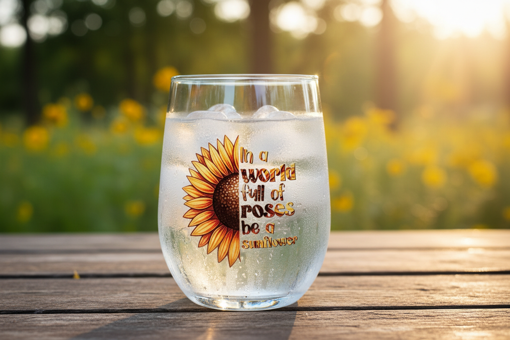 Tumbler with Ice Water on Rustic Picnic Table