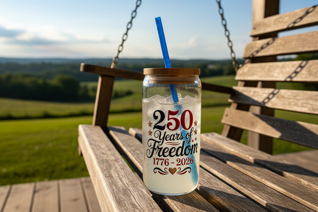 Tumbler with Iced Drink on Country Porch Swing