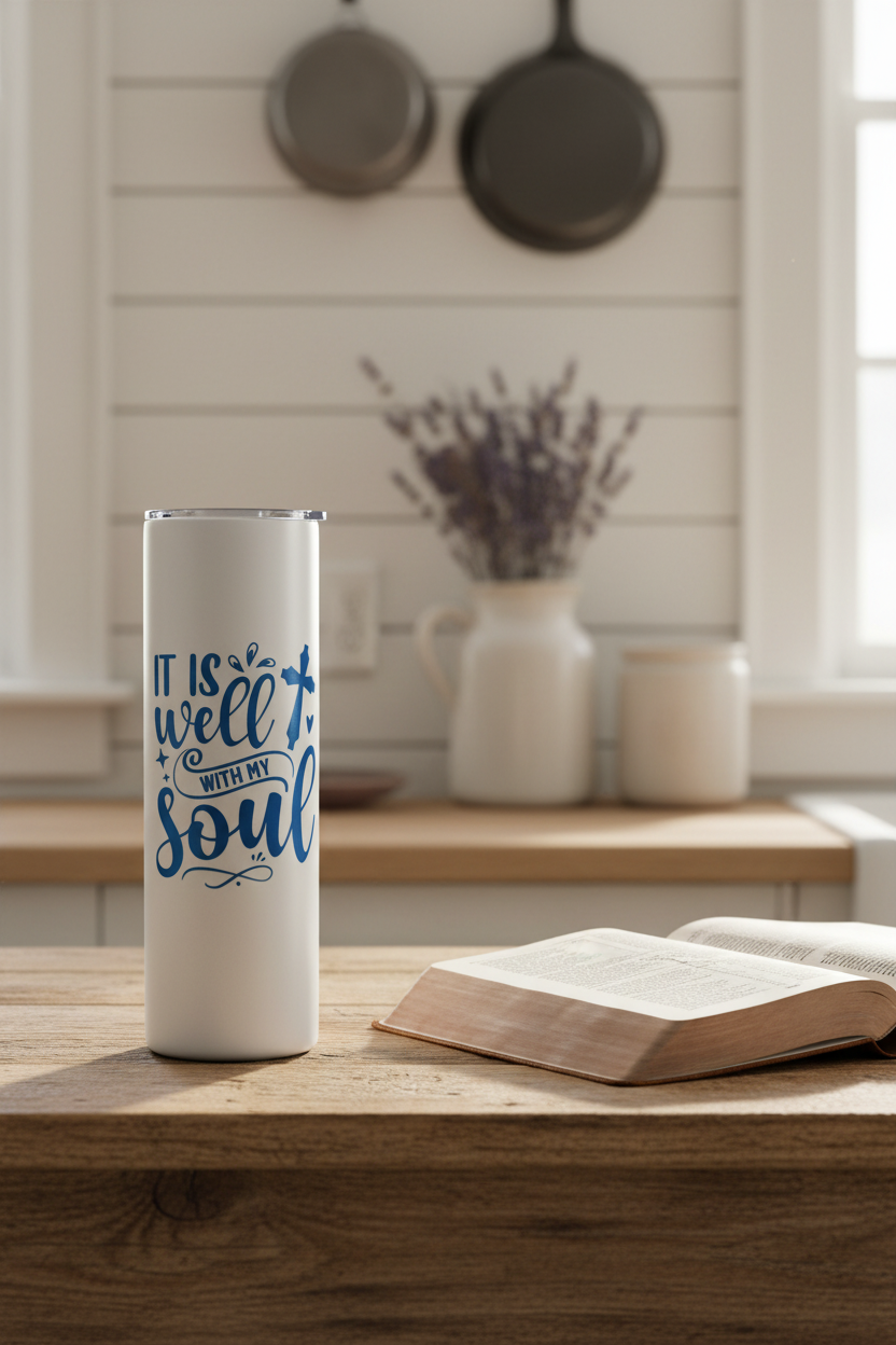 Tumbler with Open Bible on Farmhouse Kitchen Table